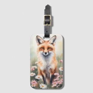 Étiquette À Bagage Aquarelle Peinture Fox avec Fleurs marguerites