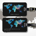 Étiquette À Bagage Aquarelle personnalisée Carte du monde Noir Turquo<br><div class="desc">Un joli bagage personnalisé avec une carte du monde de l'aquarelle en bleu turquoise,  rose et violet. Le design se trouve de part et d'autre de l'étiquette à bagages avec un arrière - plan noir et vous pouvez facilement customiser avec votre nom et vos coordonnées.</div>