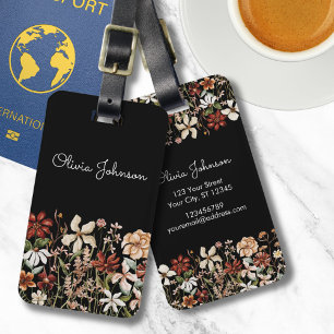 Étiquette À Bagage Aquarelle personnalisée Vintage Fleur sauvage noir