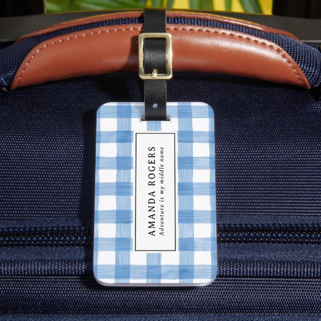 Étiquette À Bagage Aquarelle Plaid Buffalo Bleu Rustique Moderne (Insitu Rectoal 2)