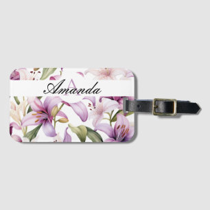 Étiquette À Bagage Aquarelle Purplish Lily Motif Monogramme