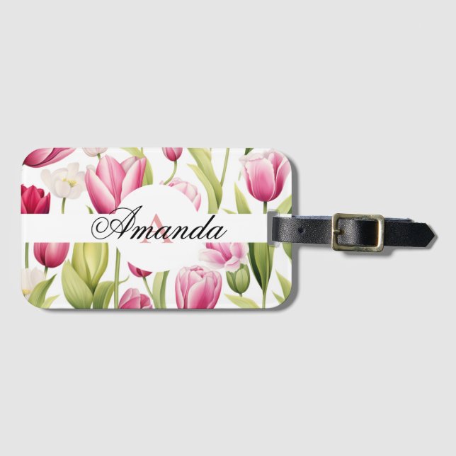 Étiquette À Bagage Aquarelle rose et blanc Motif de tulipe (Devant Horizontal)
