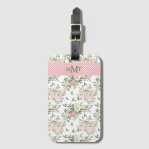 Étiquette À Bagage Aquarelle rose Floral Monogramme Polkadot