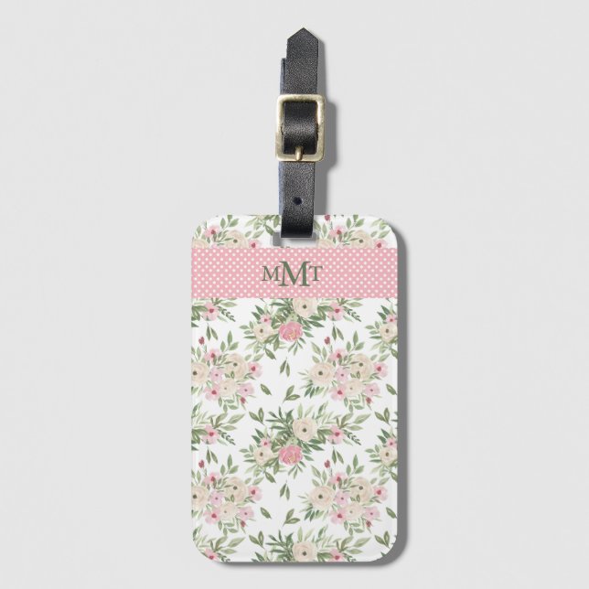 Étiquette À Bagage Aquarelle rose Floral Monogramme Polkadot (Devant Vertical)