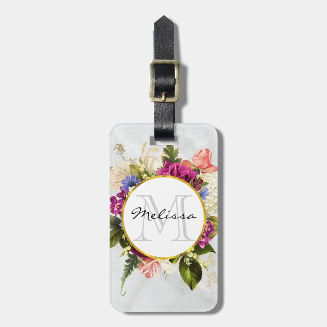 Étiquette À Bagage Aquarelle rose moderne Bouquet floral Monogramme (Devant Vertical)