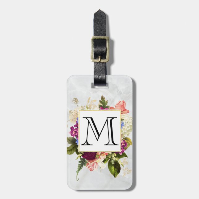 Étiquette À Bagage Aquarelle rose moderne Bouquet floral Monogramme (Devant Vertical)