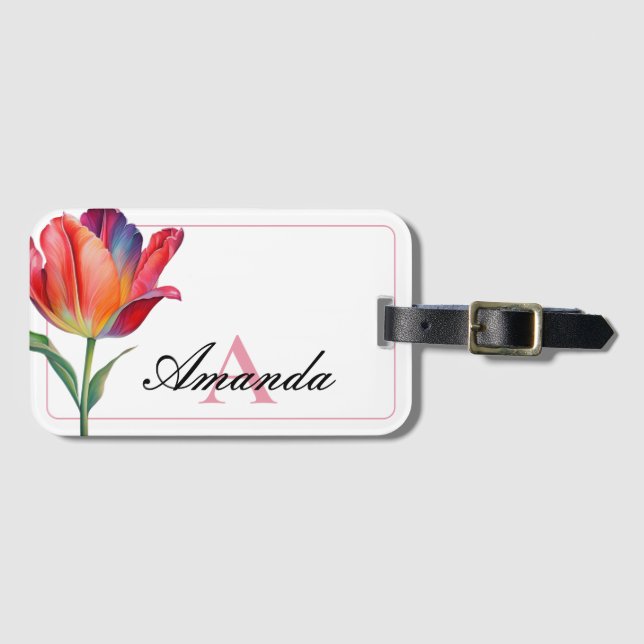 Étiquette À Bagage Aquarelle rose monogramme Lettre initiale Tulip (Devant Horizontal)