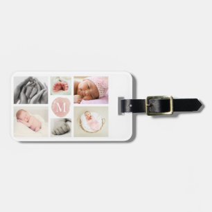 Étiquette À Bagage Aquarelle rose Monogramme photo Collage Girl