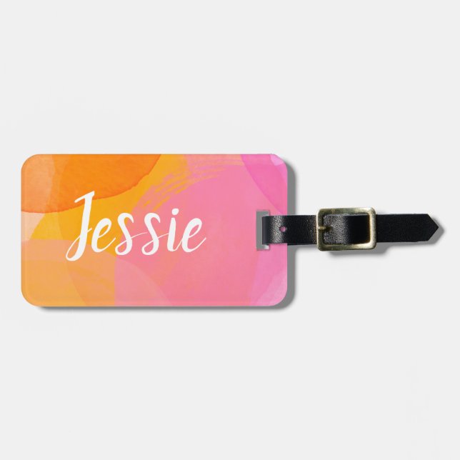 Étiquette À Bagage Aquarelle rose pâle Nom du monogramme du script pe (Devant horizontal)