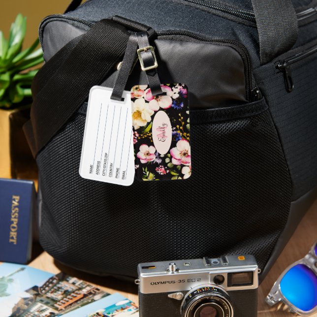 Étiquette À Bagage Aquarelle rose Roses jaunes sur noir, Monogramme (Recto & Verso)