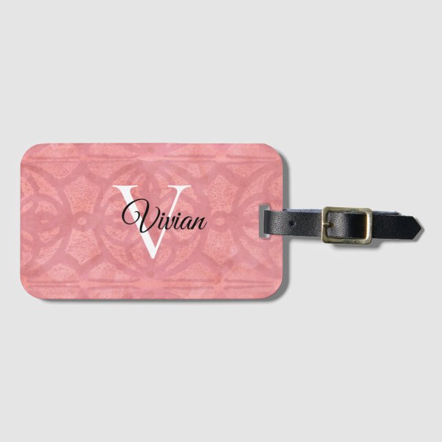 Étiquette À Bagage Aquarelle rose roude Nom du monogramme (Devant Horizontal)