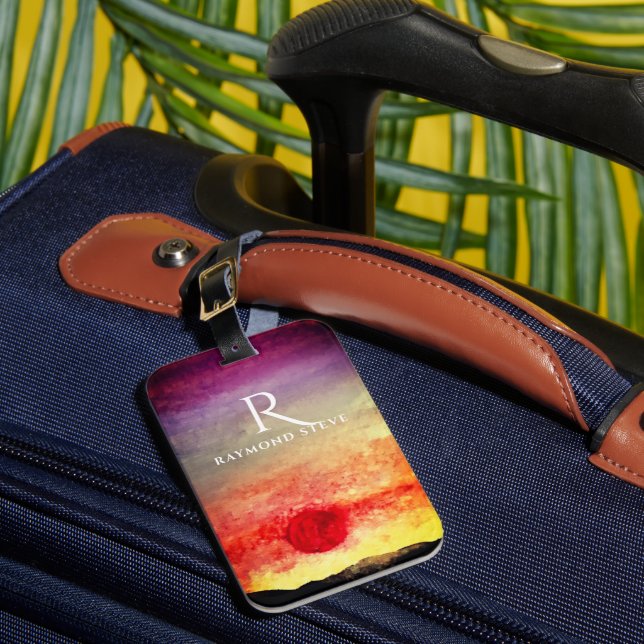 Étiquette À Bagage Aquarelle Sunset Mountains Monogramme (Insitu Rectoal 1)