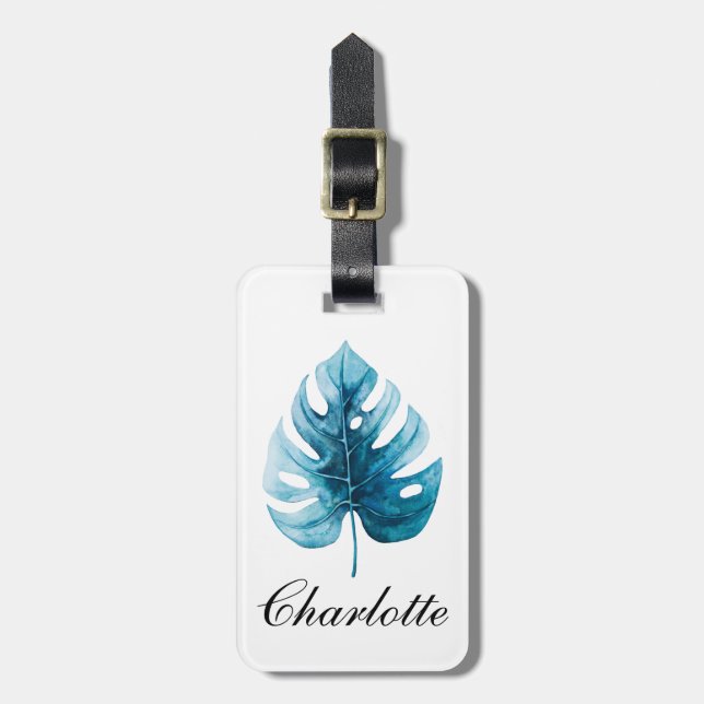 Étiquette À Bagage Aquarelle tendance Tropical Blue Monstera Leaf (Devant Vertical)