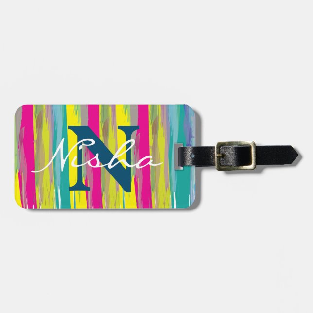 Étiquette À Bagage Aquarelle texture colorée bleu blanc Monogramme (Devant horizontal)