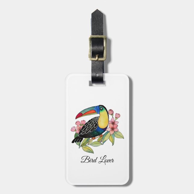Étiquette À Bagage Aquarelle Toucan Bird Avec Fleurs (Devant Vertical)