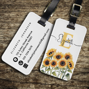 Étiquette À Bagage Aquarelle Tournesol Girl élégant Monogramme floral