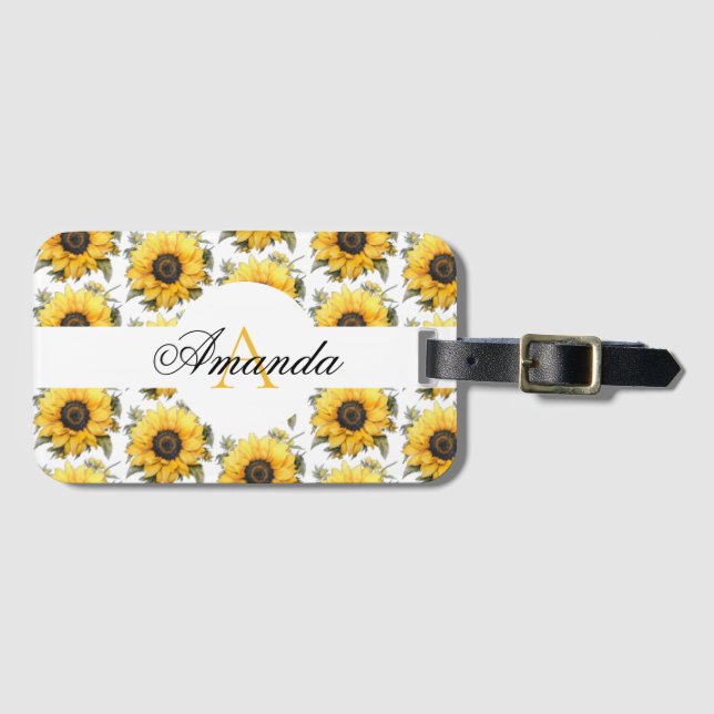 Étiquette À Bagage Aquarelle Tournesol jaune Nom Monogramme (Devant Horizontal)