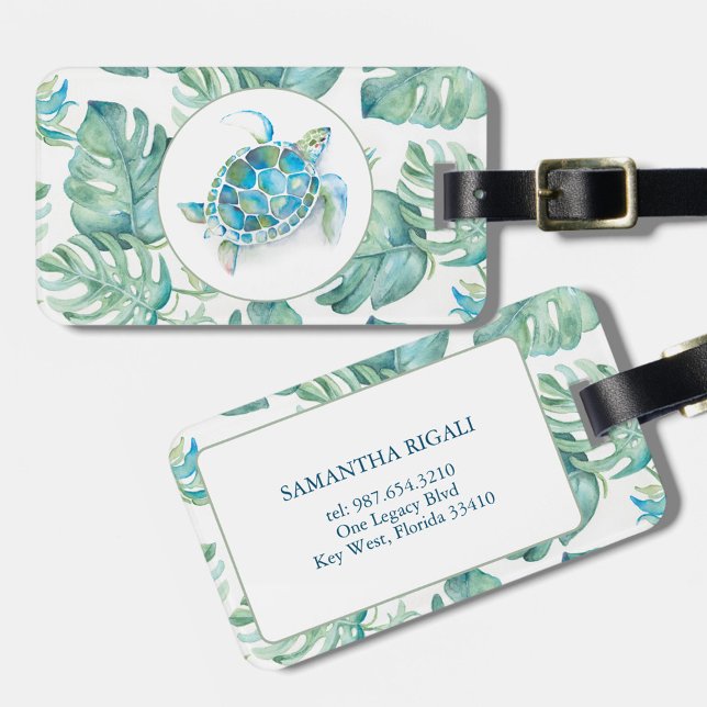 Étiquette À Bagage Aquarelle tropicale de la tortue de mer (Luggage tags feature tropical watercolor sea turtle and monstera leaf art by Victoria Grigaliunas)