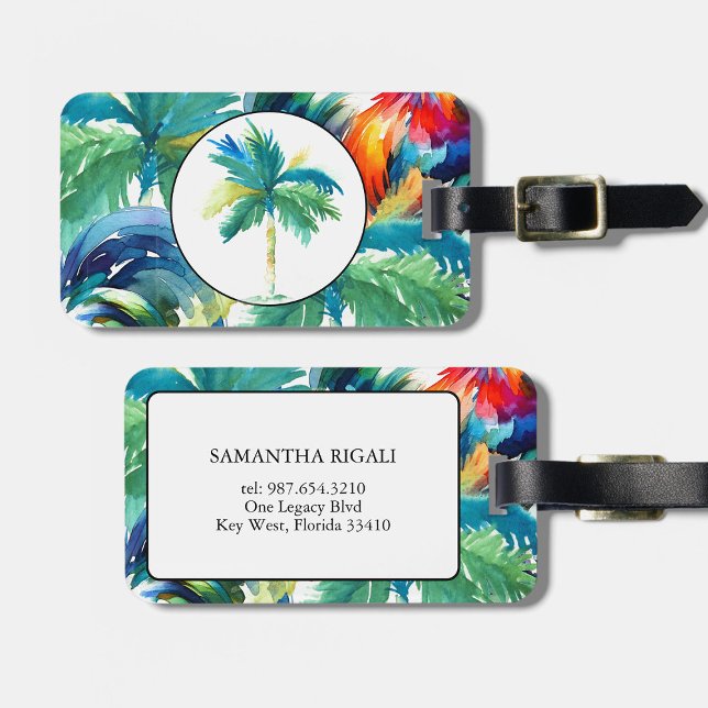 Étiquette À Bagage Aquarelle tropicale des palmiers Monogramme (Luggage tags tropical palm trees watercolor art by Victoria Grigaliunas of Do Tell A Belle)