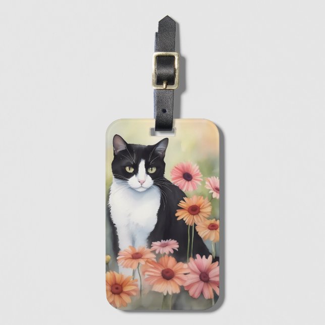 Étiquette À Bagage Aquarelle Tuxedo Chat Avec Gerbera Fleurs Faisées (Devant Vertical)