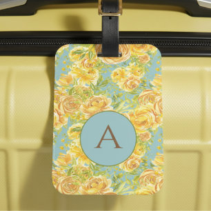 Étiquette À Bagage Aquarelle vintage Yellow Monogram Rose Motif
