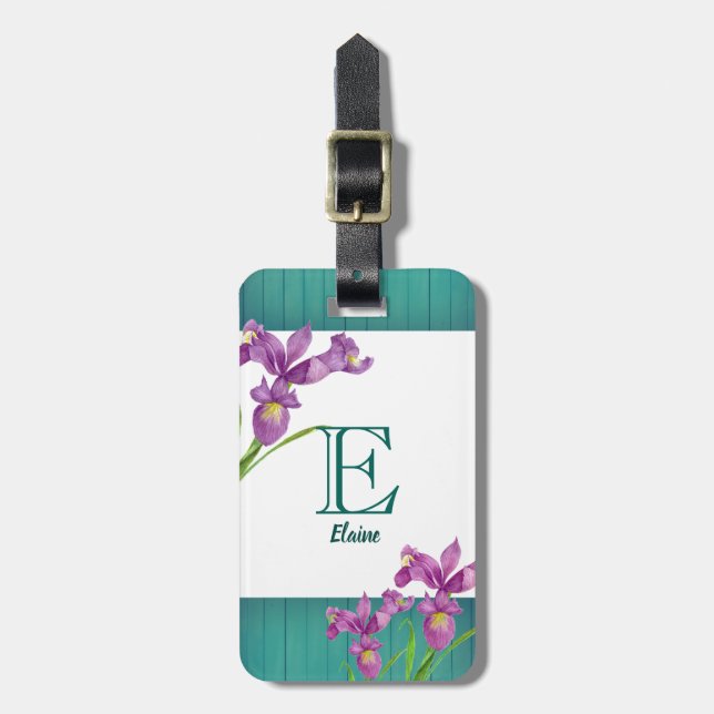 Étiquette À Bagage Aquarelle violet Iris Floral Art Monogramme (Devant Vertical)