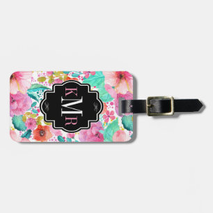 Étiquette À Bagage Aquarelles colorées Fleurs Monogrammes