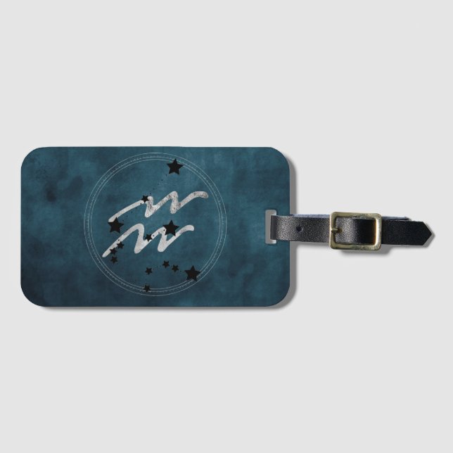 Étiquette À Bagage Aquarius zodiac constellation noire et argent turq (Devant Horizontal)