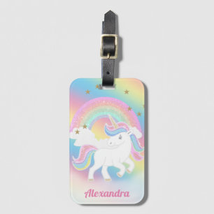 Étiquette À Bagage Arc-en-ciel Pailleté et Licorne avec Nom Personnal