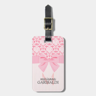 Étiquette À Bagage Arc rose élégant Girly d'enveloppe de damassé