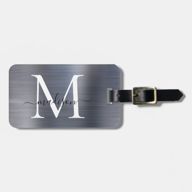 Étiquette À Bagage Argent Gris brossé métal Script Monogramme mou (Devant horizontal)