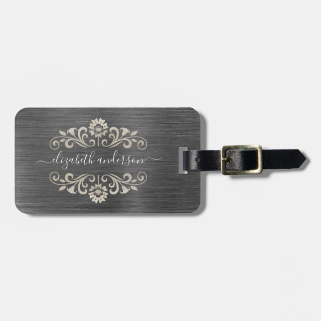 Étiquette À Bagage Argent gris brossé Monogramme de métal Nom Script (Devant horizontal)