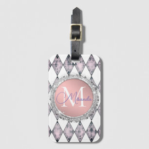 Étiquette À Bagage Arlequin rose blanc Parties scintillant Monogramme