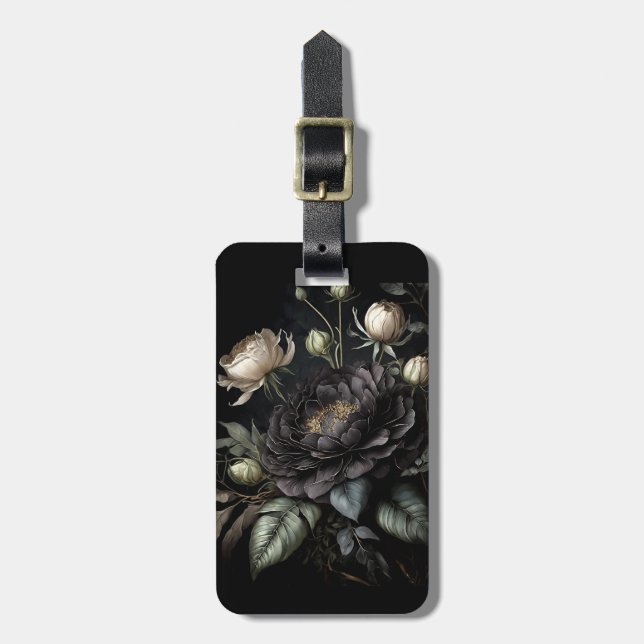 Étiquette À Bagage Arrangement gothique Rose Fleur noire (Devant Vertical)