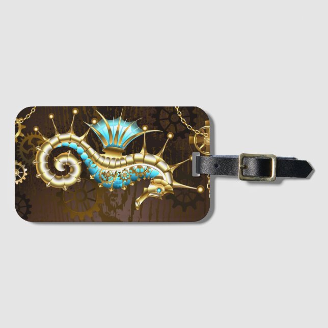 Étiquette À Bagage Arrière - plan en bois avec cheval de mer mécaniqu (Devant Horizontal)