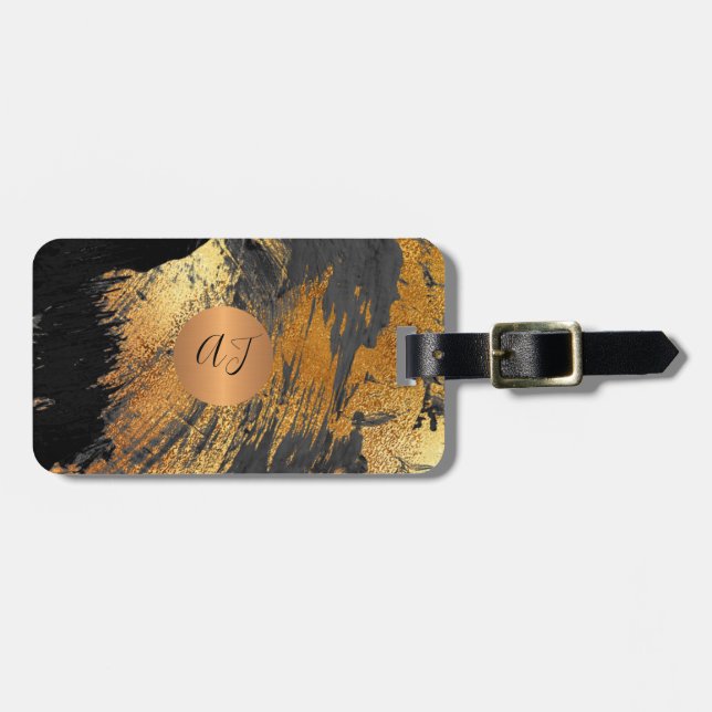 Étiquette À Bagage Art abstrait moderne peinture cuivre or monogramme (Devant horizontal)