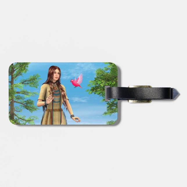 Étiquette À Bagage Art de femme amérindienne forêt oiseau (Dos horizontal)