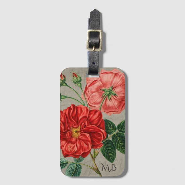 Étiquette À Bagage Art de rose rouge antique sur monogramme gris (Devant Vertical)