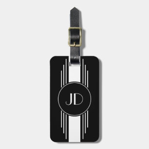 Étiquette À Bagage Art déco noir et blanc décoré d'un monogramme