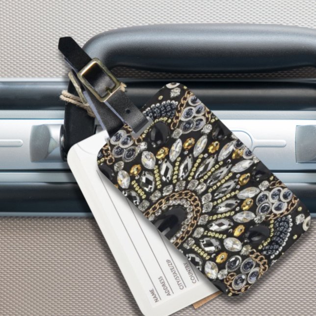 Étiquette À Bagage art déco noir et or motif bohème (art deco black and gold bohemian pattern luggage tag)