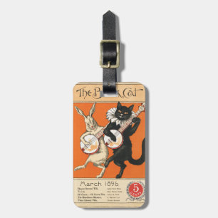Étiquette À Bagage Art du banjo du chat noir rétro orange lapin blanc