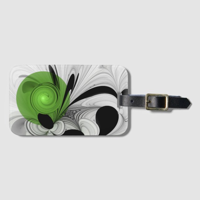 Étiquette À Bagage Art fractal abstrait noir et blanc avec du vert (Devant Horizontal)