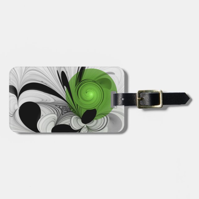 Étiquette À Bagage Art fractal abstrait noir et blanc avec du vert (Devant horizontal)