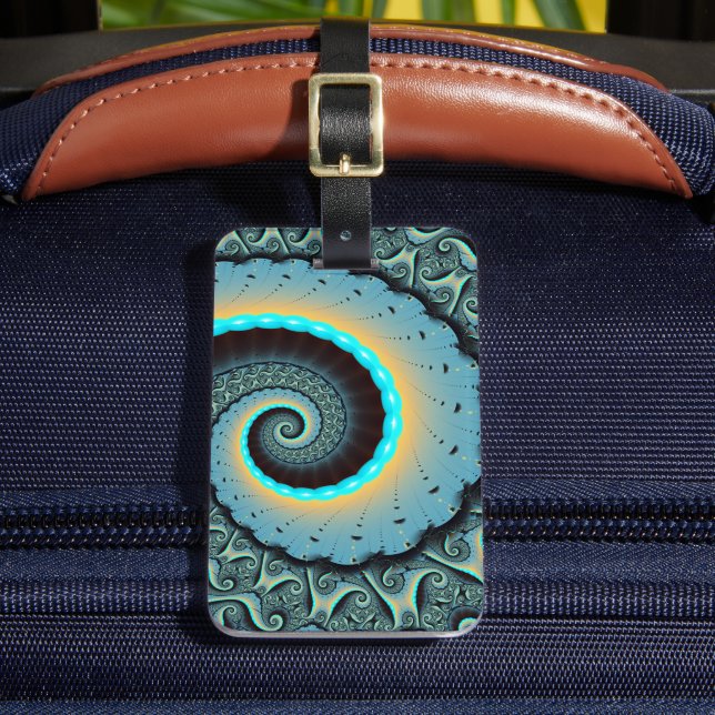 Étiquette À Bagage Art fractal spirale abstrait bleu turquoise orange (Insitu Rectoal 2)