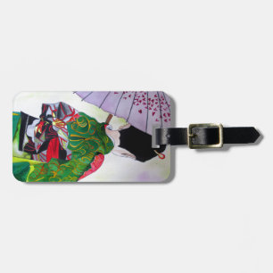 Étiquette À Bagage Art japonais Geisha avec kimono et parapluie
