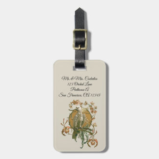 Étiquette À Bagage Art Nouveau vintage, oiseau cacatoès, fleurs d'orc