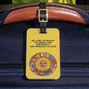 Étiquette À Bagage Astrologie vintage, Roue de Zodiac céleste antique