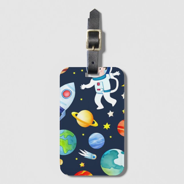 Étiquette À Bagage Astronaute dans l'espace Planètes et fusées Motif (Devant Vertical)