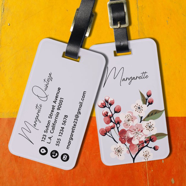 Étiquette À Bagage Aubépine à l'aquarelle Fleurs Nom Script Violet (Créateur téléchargé)