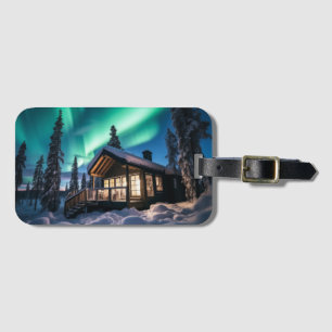 Étiquette À Bagage Aurora borealis au-dessus du cabine d'hiver